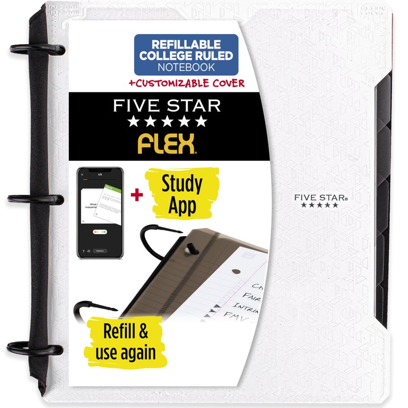 Five Star Flex Refillable Notebook + Study App, College Ruled Paper and 1 Inch TechLock Ring Binder with Customizable Cover, Pockets, Tabs and Dividers, 200 Sheet Capacity, White (29326AE2) - Image 1